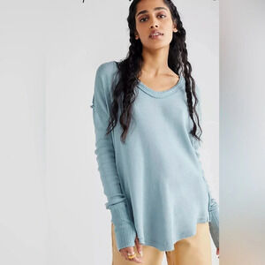 Free People Colby Ribbed Thermal Blue Knit Top Shirt Size Medium